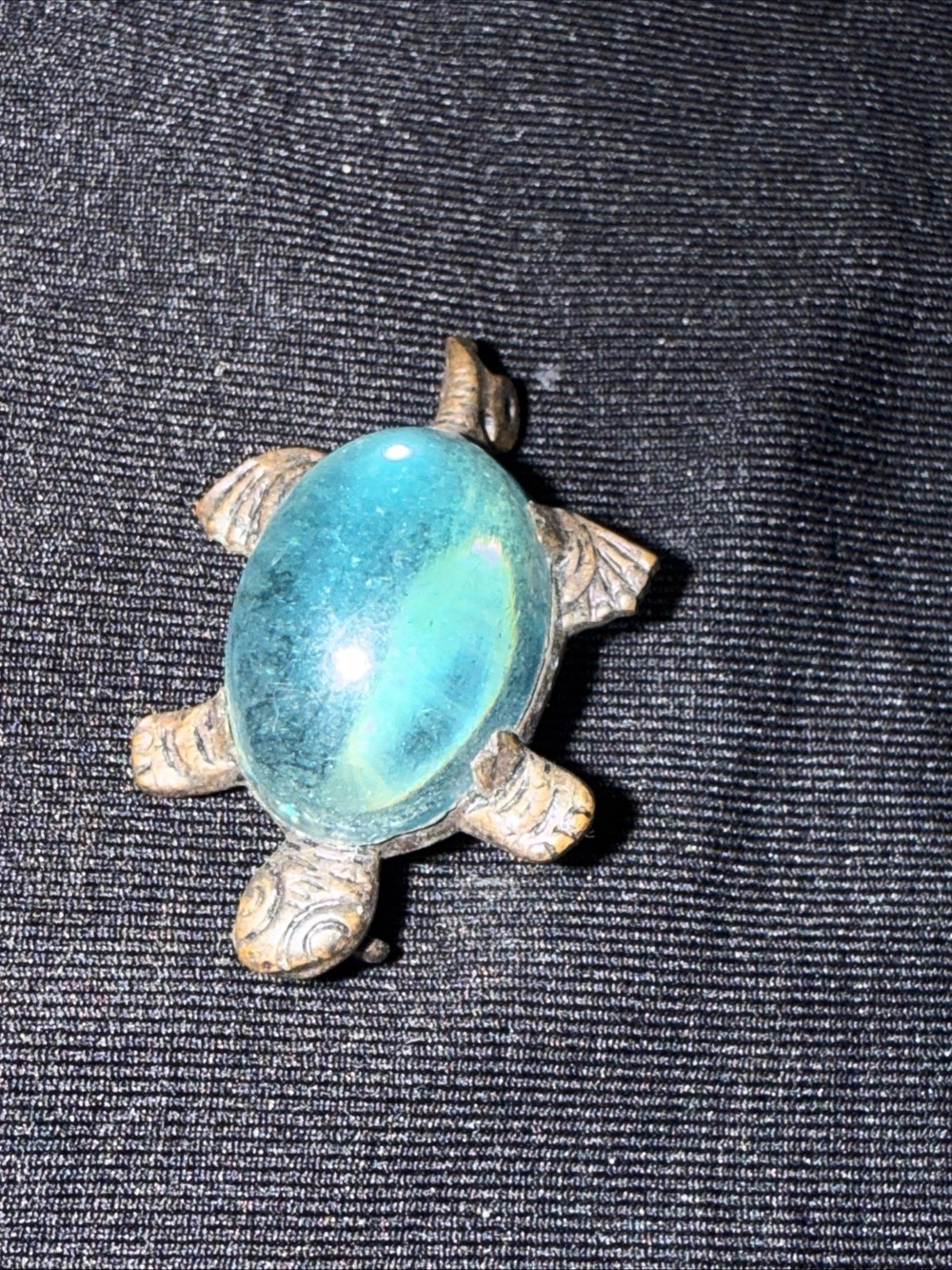 Turtle Pendant Necklace with Teal Glass Cabochon